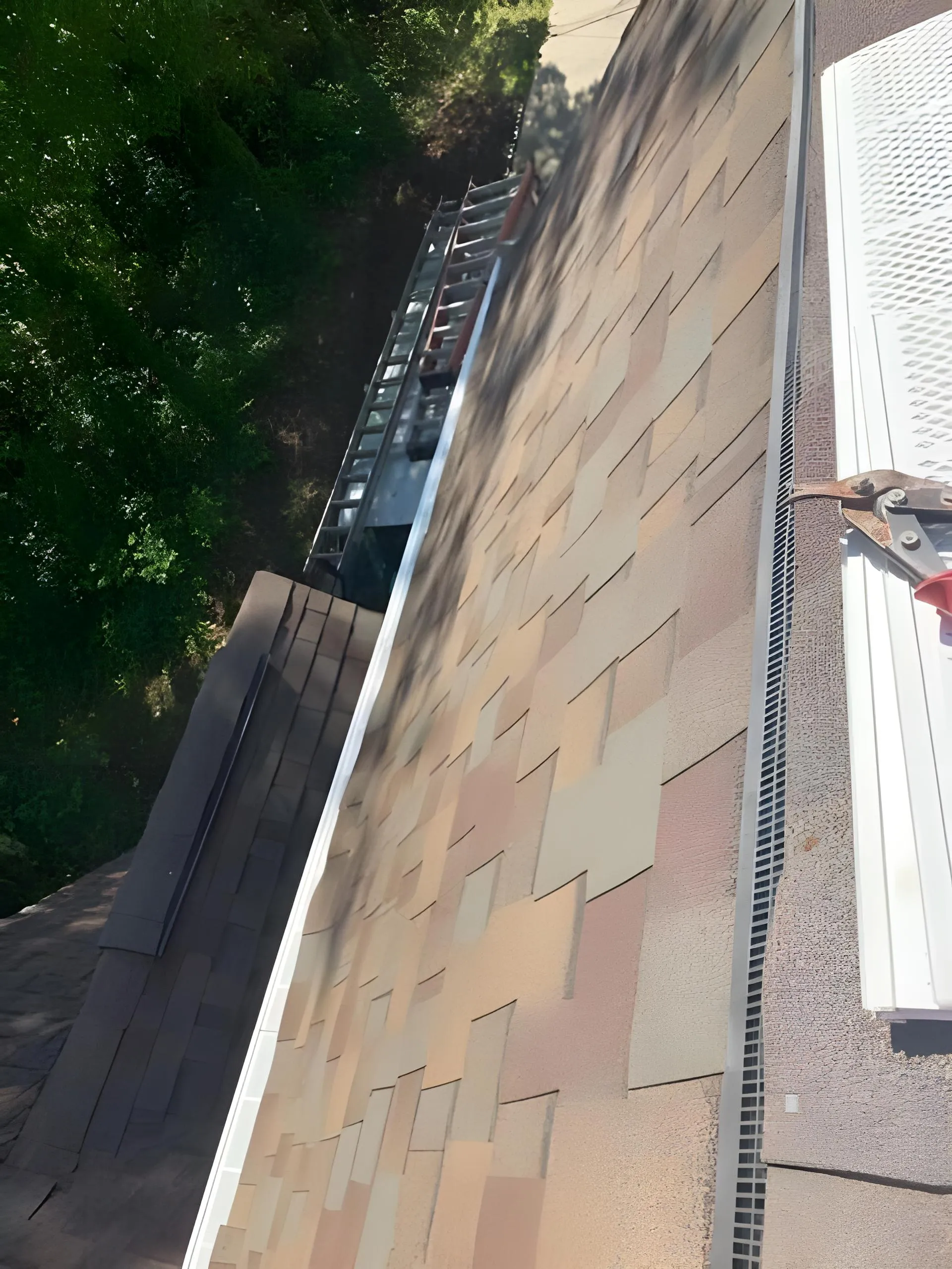 Close rooftop view of white mesh gutter guard along a shingle roof edge, red-handled snips resting on the run, ladder at the eave below