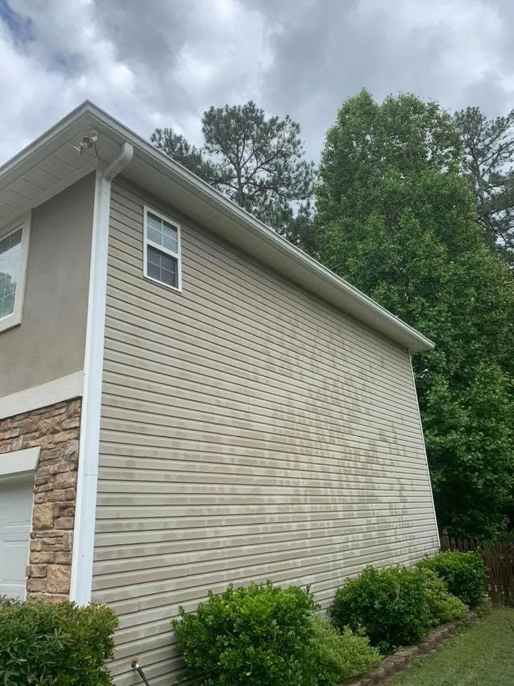 Green-grey mildew mottling tan siding at a corner, white gutter and downspout at the eave